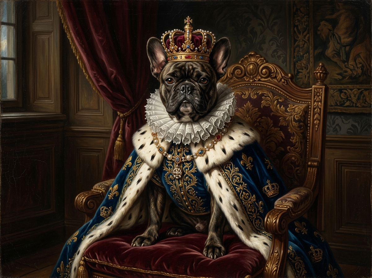 Custom Renaissance Pet Portrait - French Bulldog in 18th Century Royal Aristocrat Costume and Crown