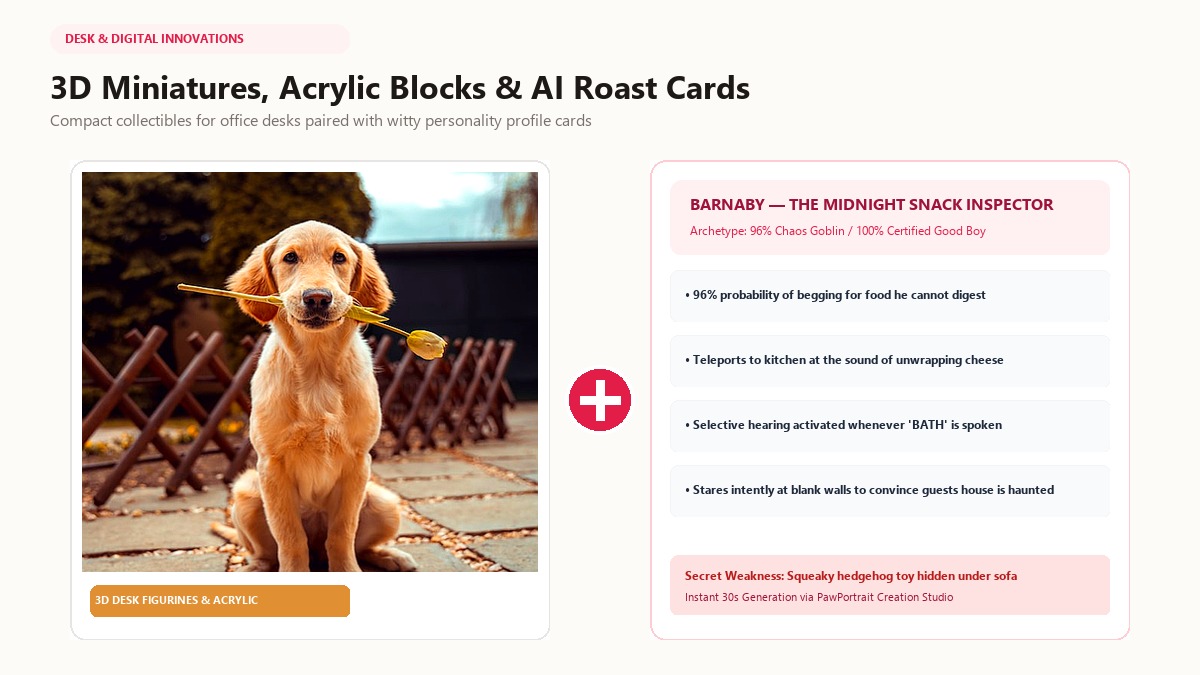 3D desk miniatures acrylic blocks and AI personality roast cards