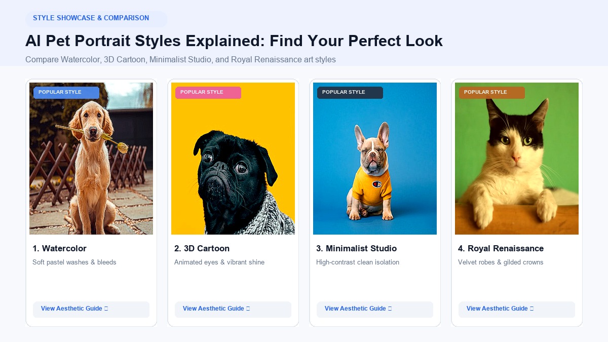 AI Pet Portrait Styles Explained: Watercolor, 3D Cartoon, Minimalist Studio, and Royal Renaissance
