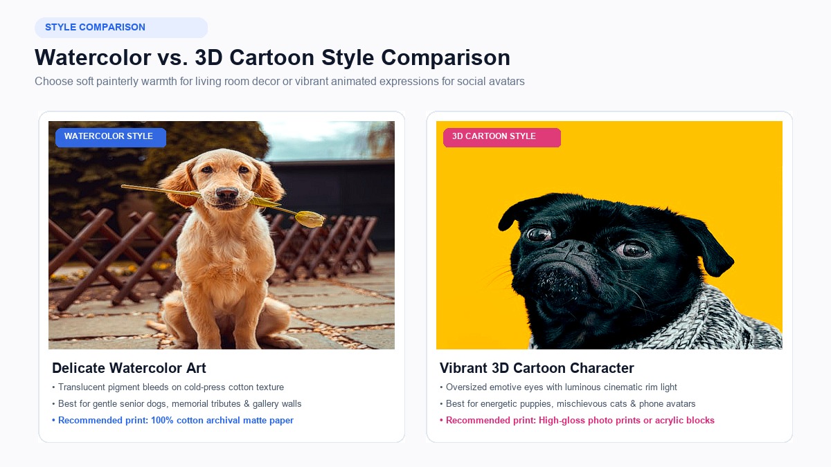Watercolor vs 3D Cartoon AI Pet Portrait Styles