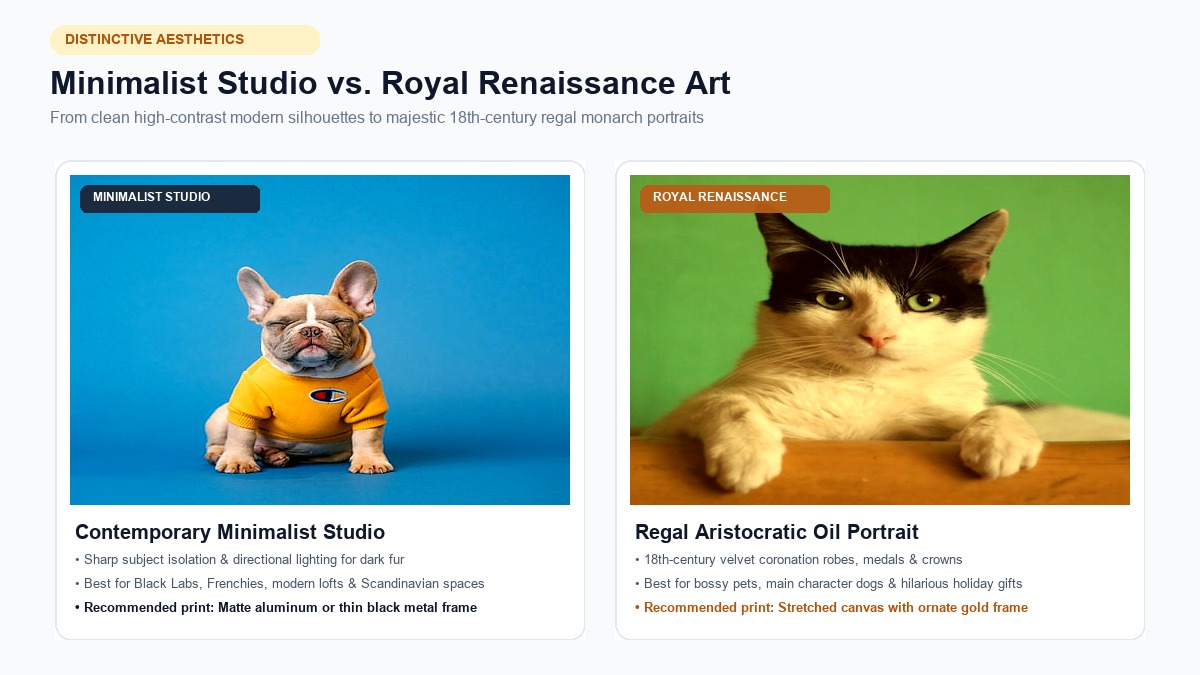 Minimalist Studio vs Royal Renaissance AI Pet Portrait Styles