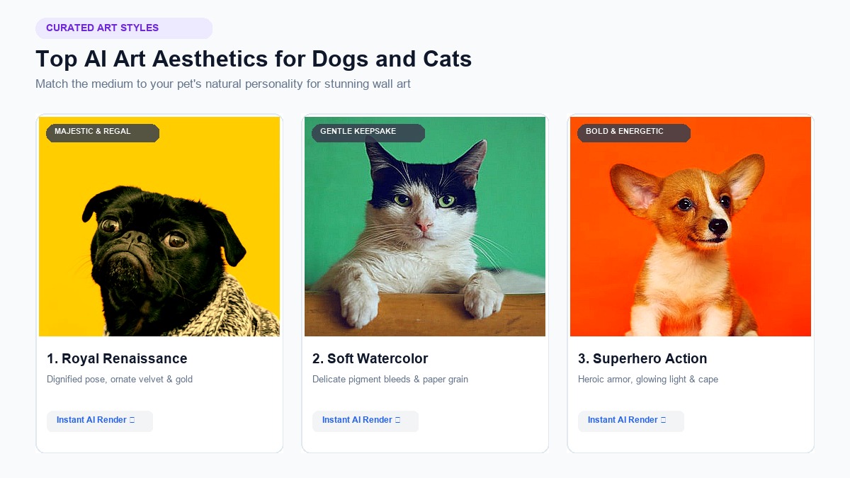 Top Curated AI Pet Art Styles: Royal Renaissance, Watercolor, and Superhero