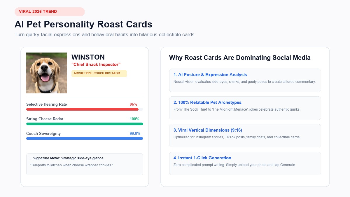 AI Pet Personality Roast Card Example with Pet Archetypes and Quirky Stats