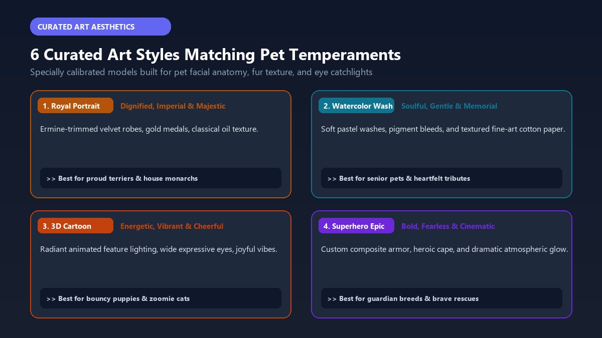 6 Curated AI Pet Art Styles Matching Pet Temperaments
