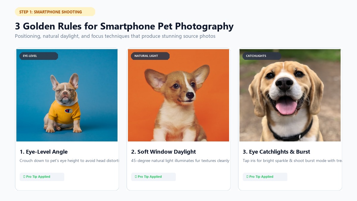 Smartphone pet photography tips: angle, natural window light, and focus