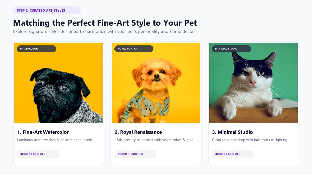 Curated AI pet portrait styles: watercolor, royal renaissance, and minimal studio