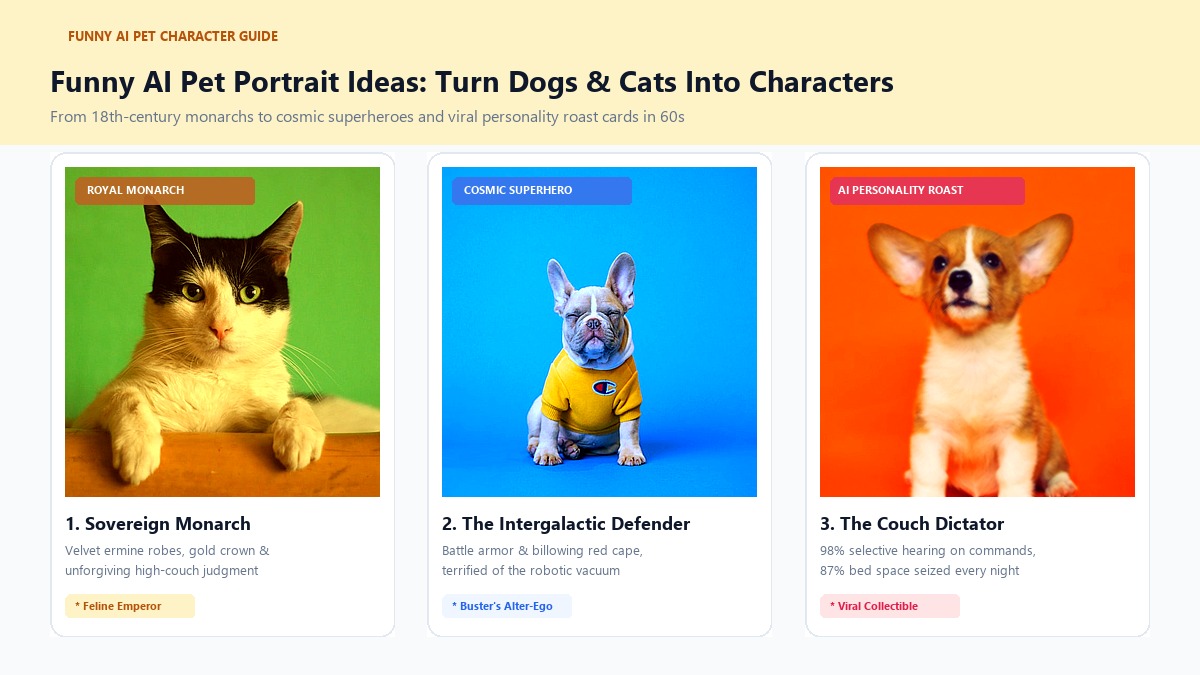 Funny AI Pet Portrait Ideas - Turn Your Dog or Cat Into a Sovereign Monarch, Superhero, or Roast Card