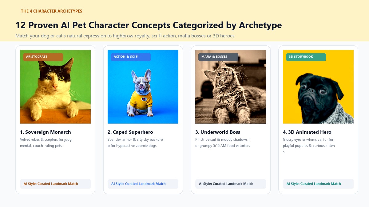 12 Hilarious AI Pet Character Ideas - Aristocrats, Superheroes, Underworld Bosses, and 3D Animated Heroes