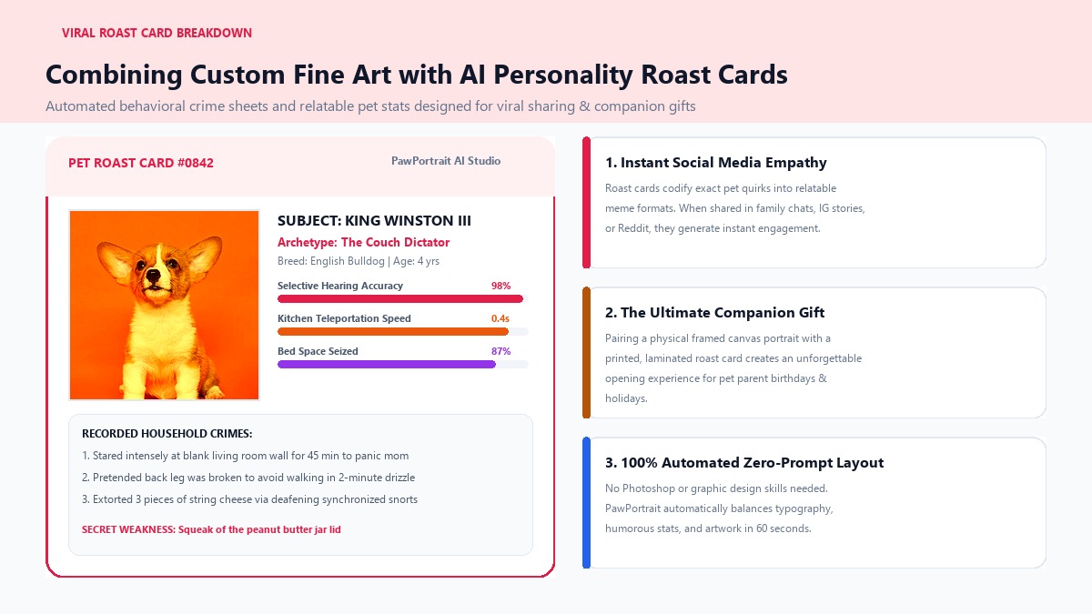 AI Personality Roast Card - Custom Pet Character Art Paired with Behavioral Stats and Household Crime Sheets