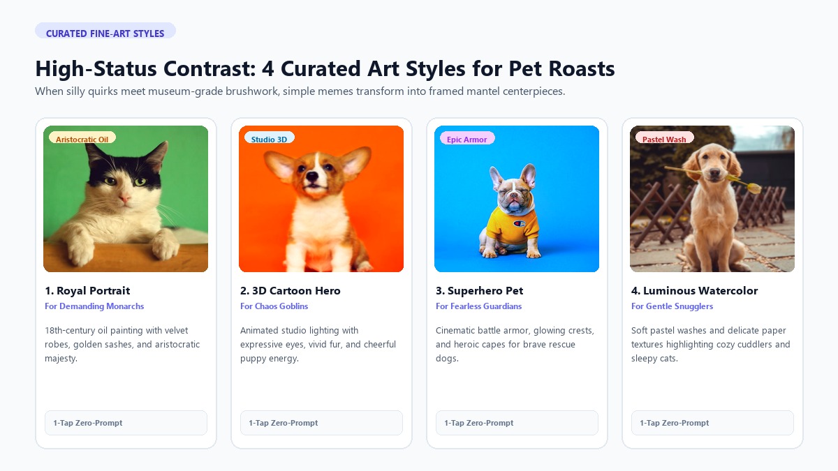 Curated AI pet portrait styles from royal oil paintings to 3D cartoon characters