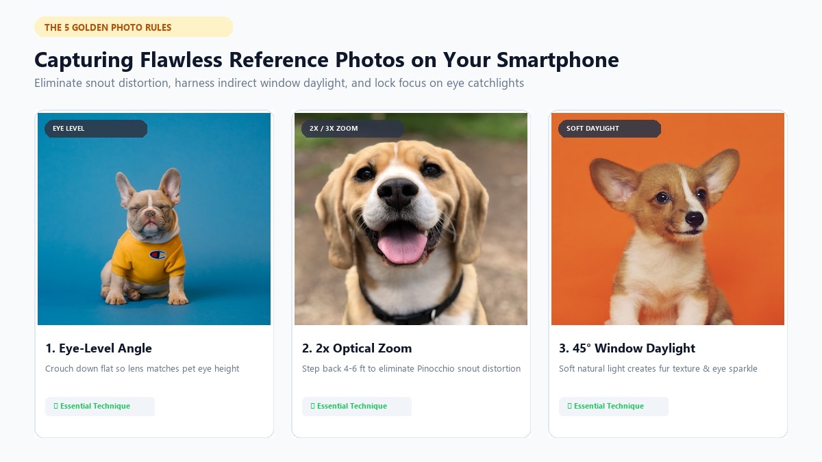 The 5 Golden Rules for the Perfect AI Pet Portrait Photo: Eye-Level, 2x Zoom, Natural Lighting, and Catchlights