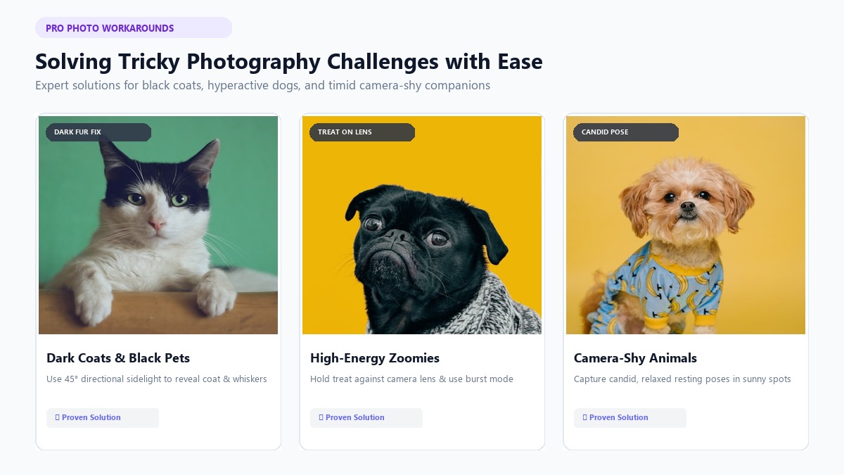 Solving Tricky Pet Photo Challenges: Black Fur Sidelight, High-Energy Treat Focus, and Candid Resting Shots