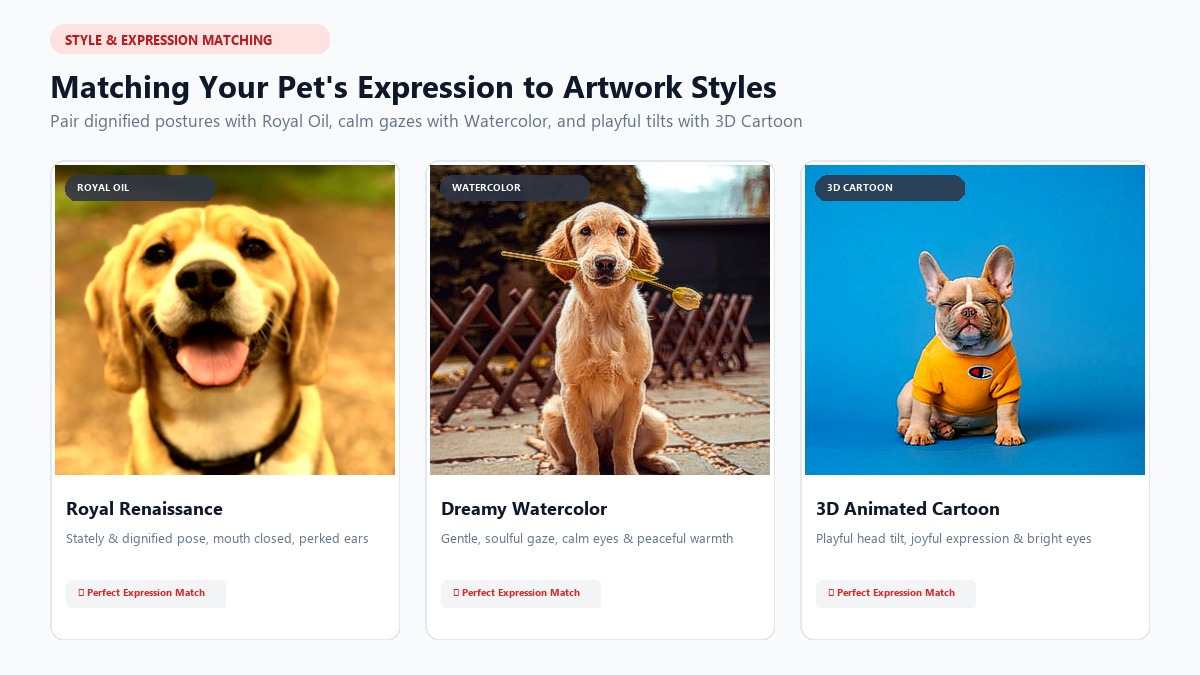 Matching Pet Expressions to AI Art Styles: Royal Renaissance, Watercolor, and 3D Cartoon