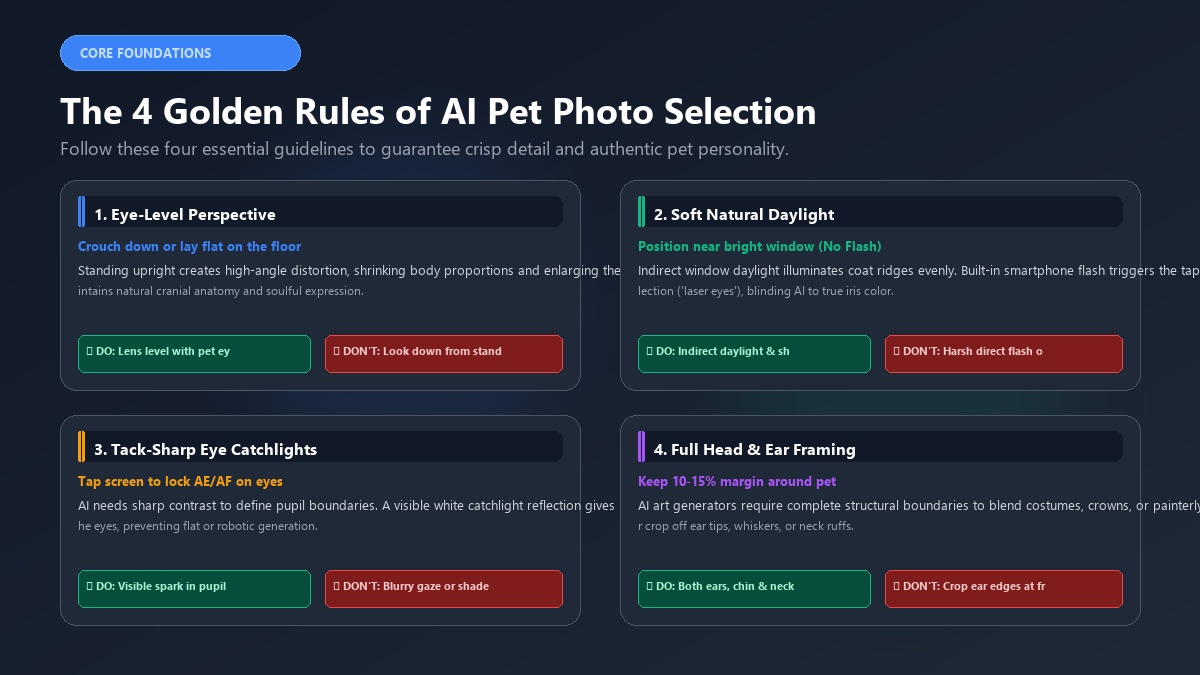 The 4 Golden Rules of AI Pet Photo Selection - Eye Level, Soft Daylight, Sharp Catchlight, Full Framing