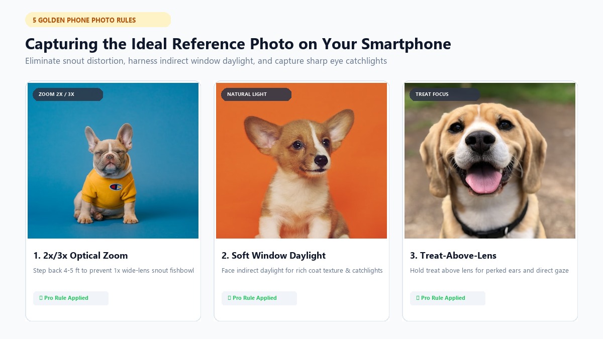 Smartphone pet photography guide: 2x optical zoom, window daylight, and treat focus