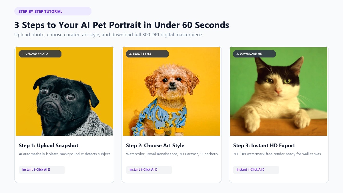Step-by-step tutorial for creating custom AI pet portraits: upload snapshot, choose art style, download HD