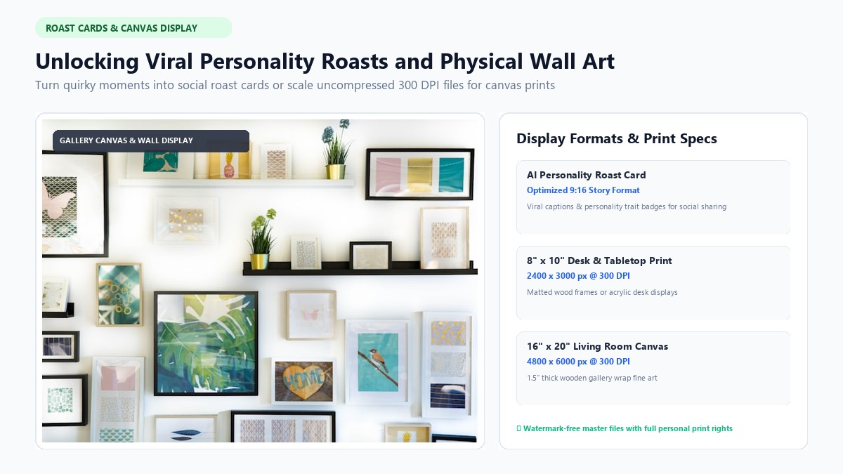 AI pet portrait personality roast cards, canvas prints, and display formats