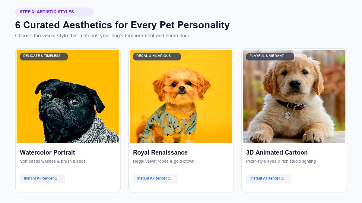 6 Curated AI Pet Portrait Styles: Watercolor, Royal Renaissance, and 3D Cartoon
