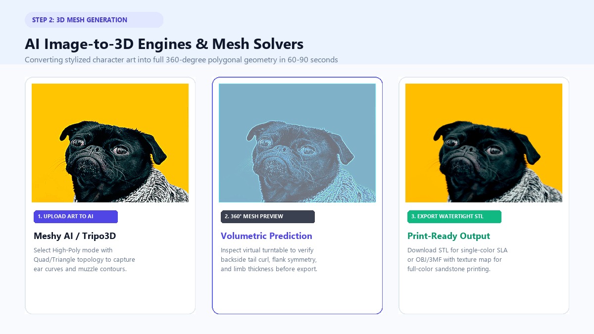 Generate 3D pet models using AI mesh engines and solvers