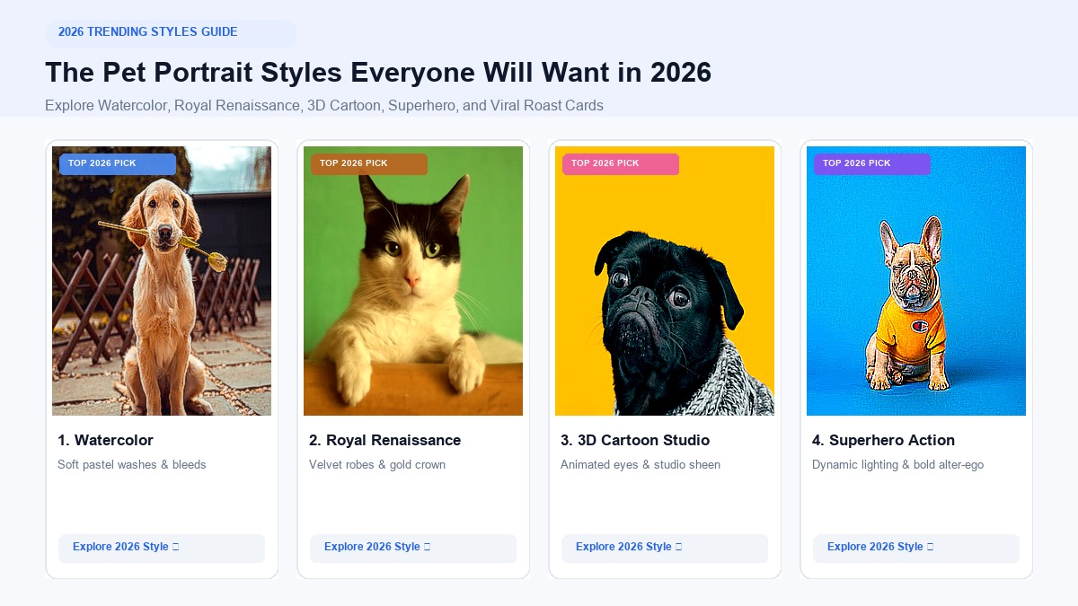 The Pet Portrait Styles Everyone Will Want in 2026: Watercolor, Royal Renaissance, 3D Cartoon, Superhero