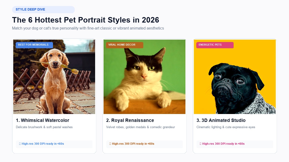 The 6 Hottest Pet Portrait Styles in 2026: Whimsical Watercolor, Royal Renaissance, and 3D Animated Studio