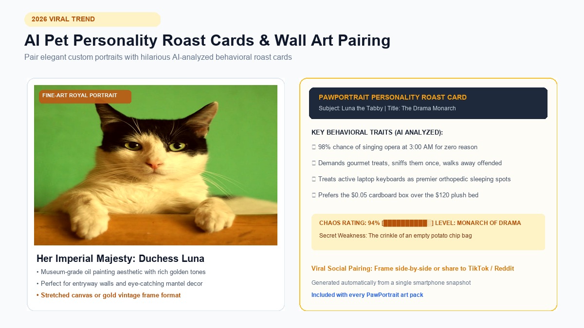 AI Pet Personality Roast Cards and Custom Wall Art Pairing