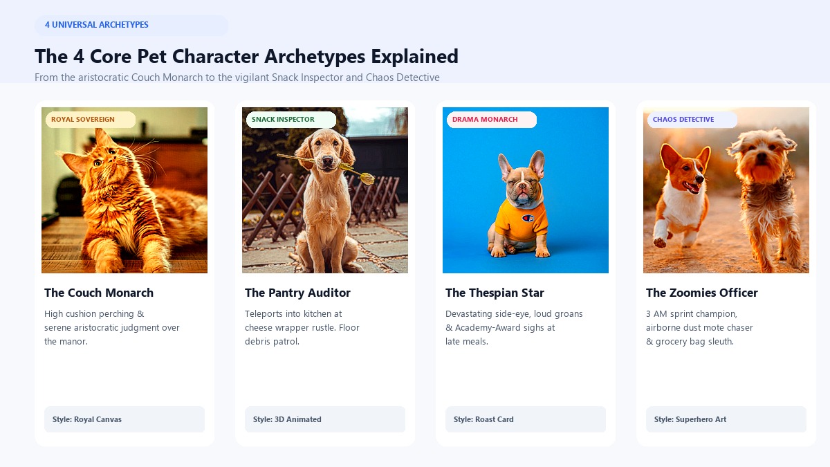 The 4 Universal Pet Character Archetypes: Couch Monarch, Snack Inspector, Drama Monarch, Chaos Detective