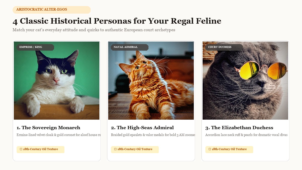 4 Classic Historical Personas for Renaissance Cat Portraits: Sovereign Monarch, Naval Admiral, Elizabethan Duchess