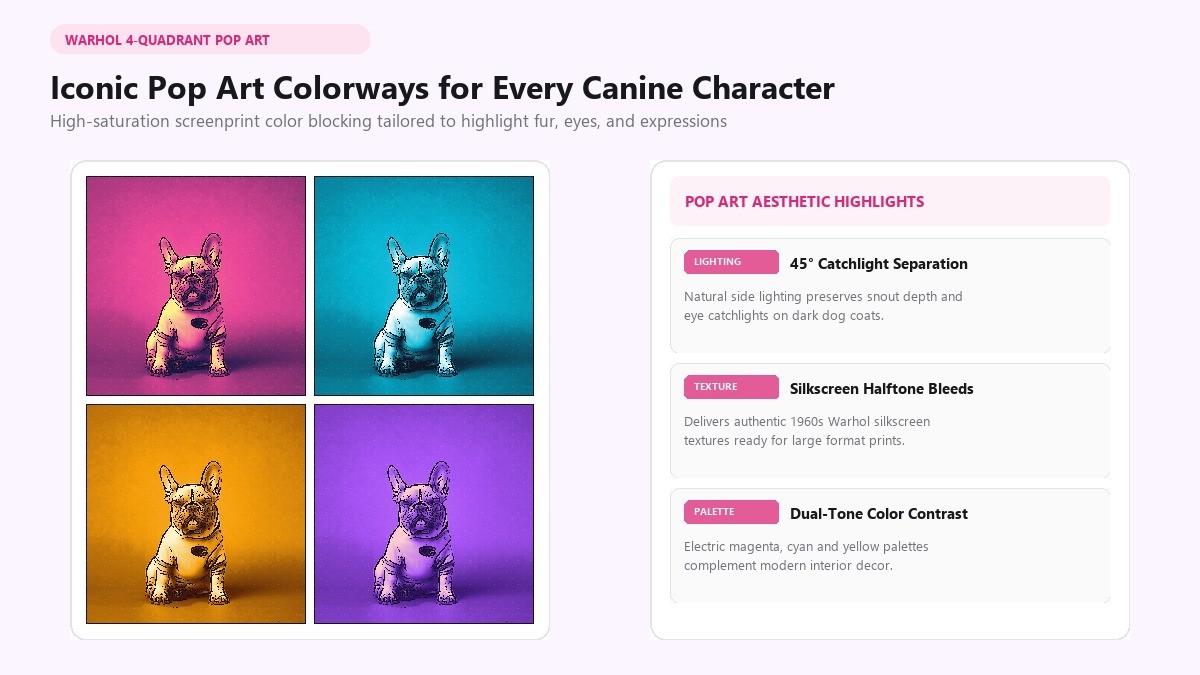 Iconic pop art colorways and 4-quadrant Warhol pet portraits