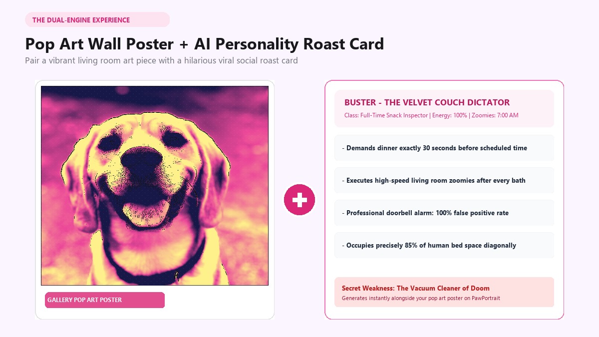 Custom pop art dog poster paired with AI personality roast card