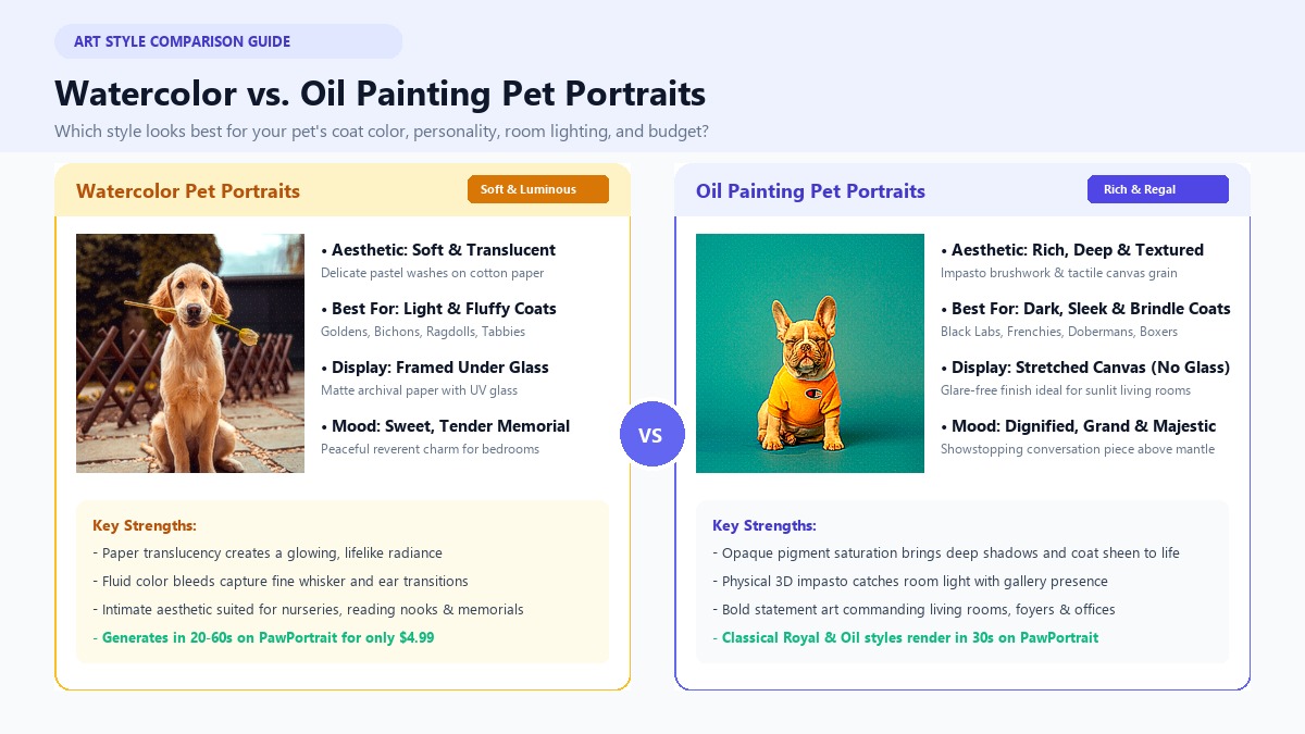 Watercolor vs Oil Painting Pet Portraits: Which Style Looks Best?