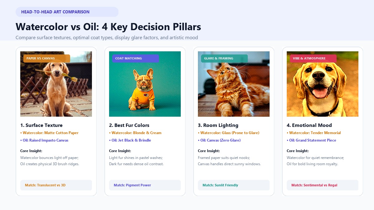 Watercolor vs Oil Painting Pet Portraits: 4 Decision Pillars Matrix