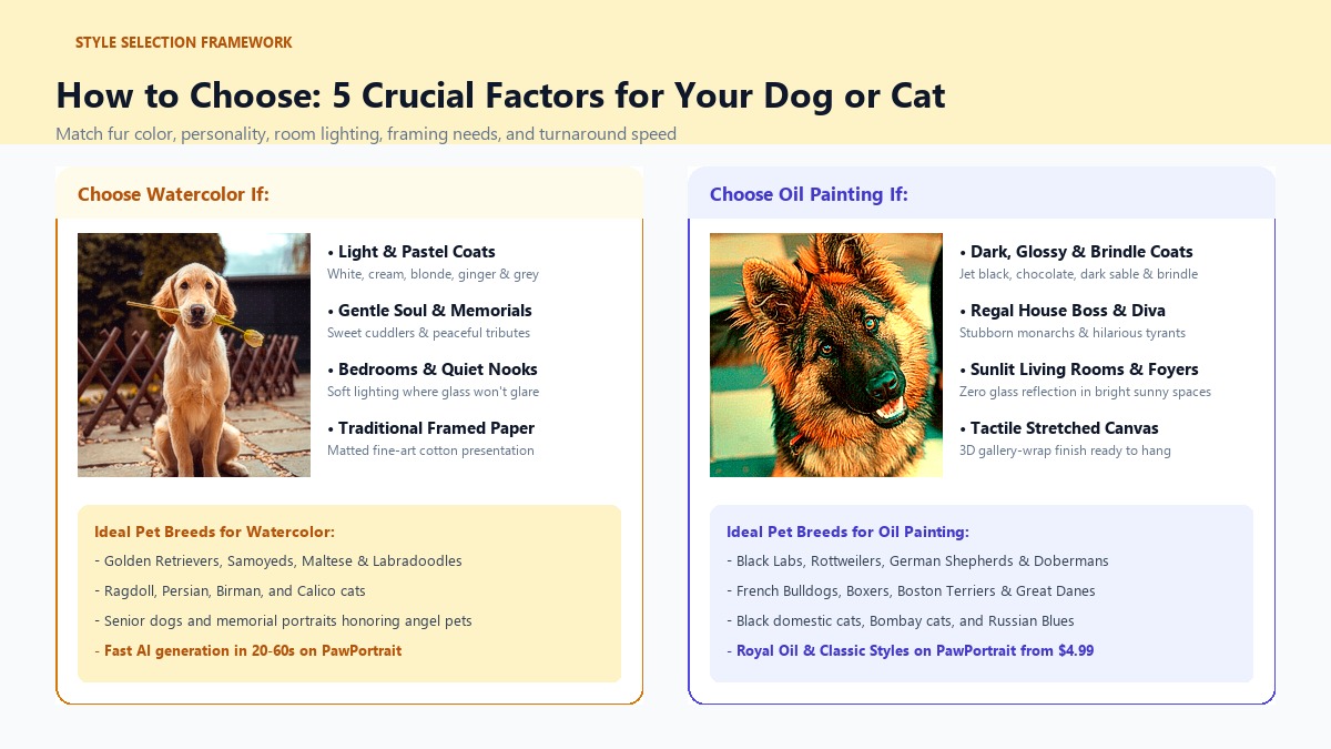 How to Choose Between Watercolor and Oil Painting Pet Portraits: 5 Decision Factors