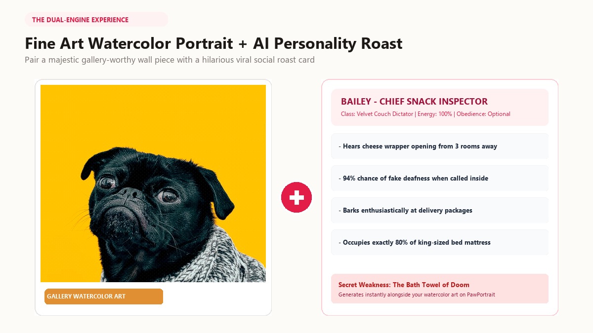 Watercolor dog portrait paired with personality roast card
