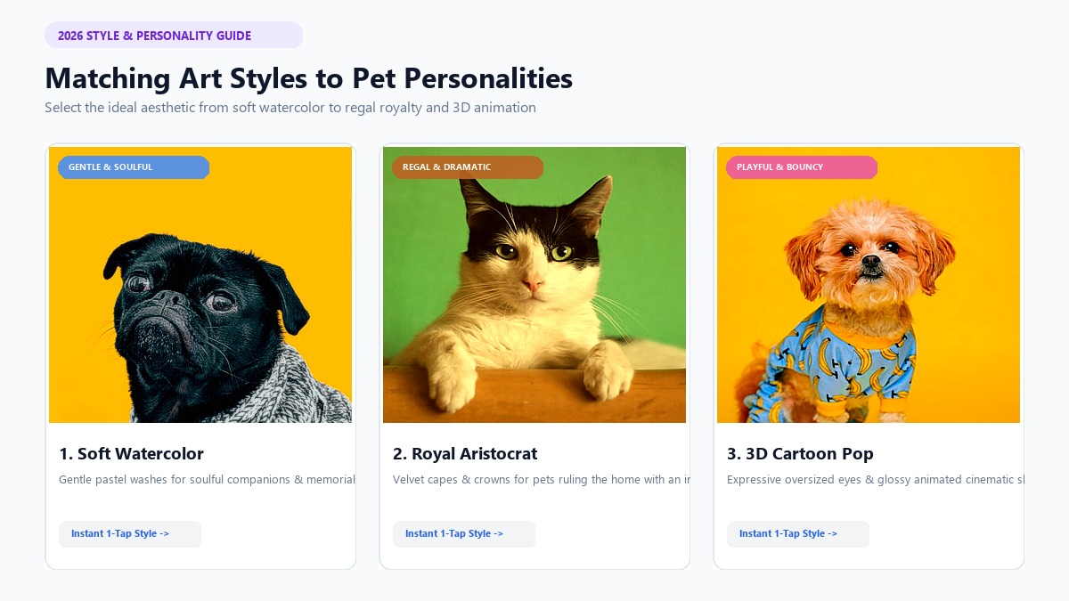 Matching pet portrait art styles to dog and cat personalities