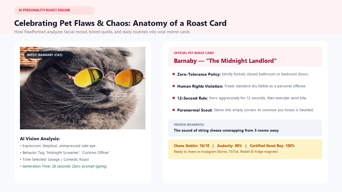 AI Pet Personality Roast Card Celebrating Pet Quirks and Flaws